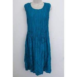 Alquema Dress Size 1 Blue Smash Crinkle Front Pockets Midi Sleeveless Pullover